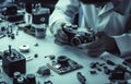 Repair of a vintage camera on a table with electronics. Royalty Free Stock Photo