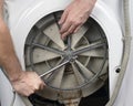 Repair of washing machines. Plumber removes parts from a washing machine