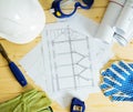 Repair work. Drawings for building, helmet, gloves Royalty Free Stock Photo