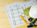 Repair work. Drawings for building, helmet, gloves Royalty Free Stock Photo