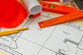 Repair work. Drawings for building, helmet Royalty Free Stock Photo