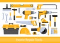 Repair worker tools set, yellow hand instrument equipment for work on construction Royalty Free Stock Photo