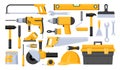 Repair worker tools vector illustration set. Cartoon yellow hand instrument equipment for work on construction home Royalty Free Stock Photo