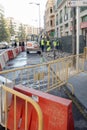 Repair works on a downtown sidewalk due to a broken water pipe.