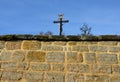 Repaired renovated sandstone walls near the cemetery. stairs and railings of the wall made of new stone which weatheres quickly bu Royalty Free Stock Photo