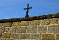 Repaired renovated sandstone walls near the cemetery. stairs and railings of the wall made of new stone which weatheres quickly bu Royalty Free Stock Photo