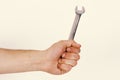 Repairer or mechanic hand holds spanner instrument. Service