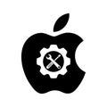 Repairing of Apple iMac MacBook iPhone, iPad. Toolkit. Toolbox. Wrench and screwdriver icon. Work tools. Repairing, service