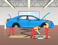 Repairing Blue Car in Garage Vector Illustration