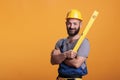 Repairing constructor holding water level ruler in studio Royalty Free Stock Photo