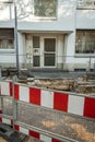 Repairing pipeline at the city street. Construction site on a damaged drinking water supply line. Closed to traffic Royalty Free Stock Photo