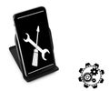 Repairing service. Modern smartphone with illustration of wrench and screwdriver on screen, white background