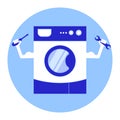 Repairing washing machine services. Stylized washing machine with arms and tools for repair in hands.