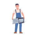 Repairman in Blue Overalls Standing with Metal Sink for Working and Fixing Vector Illustration