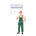 Repairman cartoon character gesturing thumbsup approving successful air conditioner adjustment