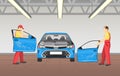 Repairmen Changing Car Doors Vector Illustration