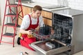 Repairman checks operating state of dishwasher in kitchen