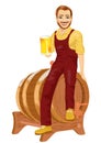 Repairman or construction worker sitting on wooden barrel holding beer mug