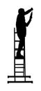 Repairman with cordless drill in hand silhouette isolated on white. Handyman on ladders working on wall hole.