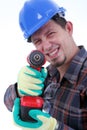 Repairman with drill, white background