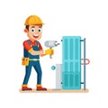 Repairman fixing radiator using drill stock vector illustration Royalty Free Stock Photo