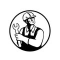 Repairman or Handyman Holding a Spanner Looking Up Circle Retro Black and White