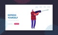 Repairman Holding Instrument Website Landing Page. Mechanic or Technician Male Character Holding Huge Screwdriver