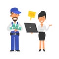 Repairman holding lot money and smiling. Business woman holding laptop and smiling. Vector characters