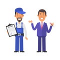 Repairman holding tablet and smiling. Businessman holding pen and smiling. Vector characters Royalty Free Stock Photo