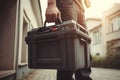 Repairman holding toolbox kit. Generate ai Royalty Free Stock Photo