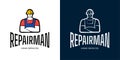 Repairman home service logo set. Handyman male logotype. Building repair business brand identity symbol. Construction