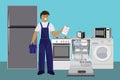 Repairman, master repairing dishwasher with screwdriver in kitchen. Vector illustration. Flat.