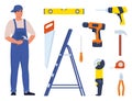 Repairman or mechanic and collection of tools. Man character in uniform with set of professional instruments. Vector illustration