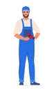 Repairman or mechanic man character in blue uniform. Vector illustration