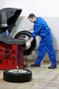 Repairman mechanic at wheel balancing Royalty Free Stock Photo