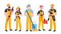 Repairman set, mechanic team in helmet and overalls standing, builders holding equipment