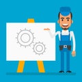 Repairman smiling and pointing with hand on flip chart with drawing gears. Flat people