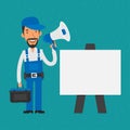 Repairman standing near flip-chart holding megaphone