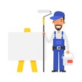 Repairman stands near blank sign and holds paint roller and bucket paint and smiling. Vector characters