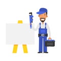 Repairman stands near blank sign and holds pipe wrench and smiling. Vector characters