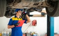 repairman and technician in car garage service in blue uniform