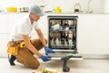 Repairman in uniform repairs dishwasher in kitchen. Young man specialist unscrews parts with screwdriver checking state Royalty Free Stock Photo