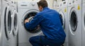 washing machine repairman fixing appliance motor Royalty Free Stock Photo