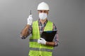 Repairman worker with clipboard pointing to somewhere Royalty Free Stock Photo