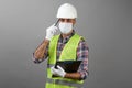 Repairman worker with clipboard pointing to somewhere Royalty Free Stock Photo