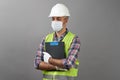 Repairman worker with clipboard. Worker man wearing face mask Royalty Free Stock Photo