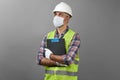 Repairman worker with clipboard. Worker man wearing face mask Royalty Free Stock Photo