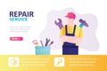 Repairman with wrench and hammer. Repair service, landing page. Service man in uniform. Male worker and box with tools