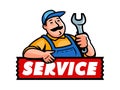 Repairman with wrench logo. Emblem for service repair. Funny mechanic technician cartoon character vector illustration Royalty Free Stock Photo