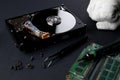 Repairs broken computer hard disk drive by engineer. Royalty Free Stock Photo